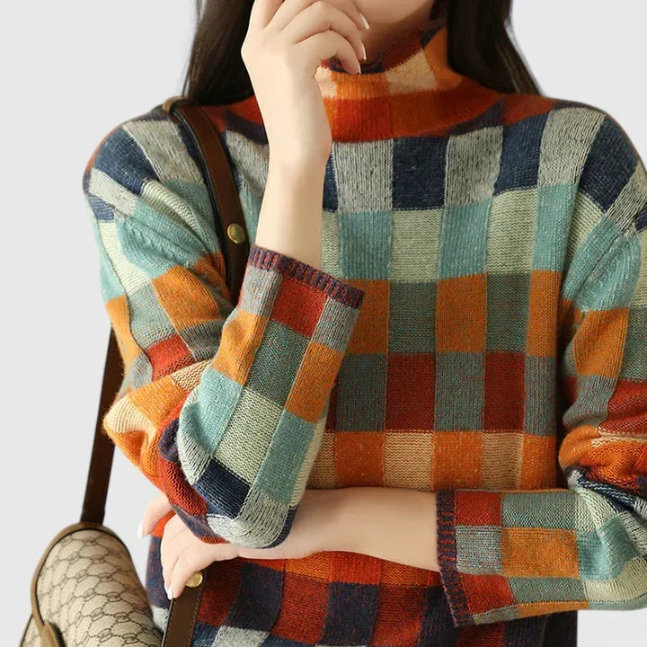 Multicolored Mock Neck Checkerboard Knit Long Sleeve Oversized Sweater