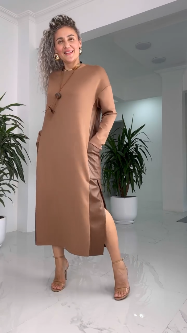Round Neck Long Sleeve Side Slit Minimalist Shift Midi Dress