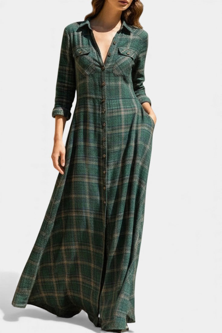 Collared Plaid Chest Pocket Button-Front Long Sleeve Shirt Maxi Dress