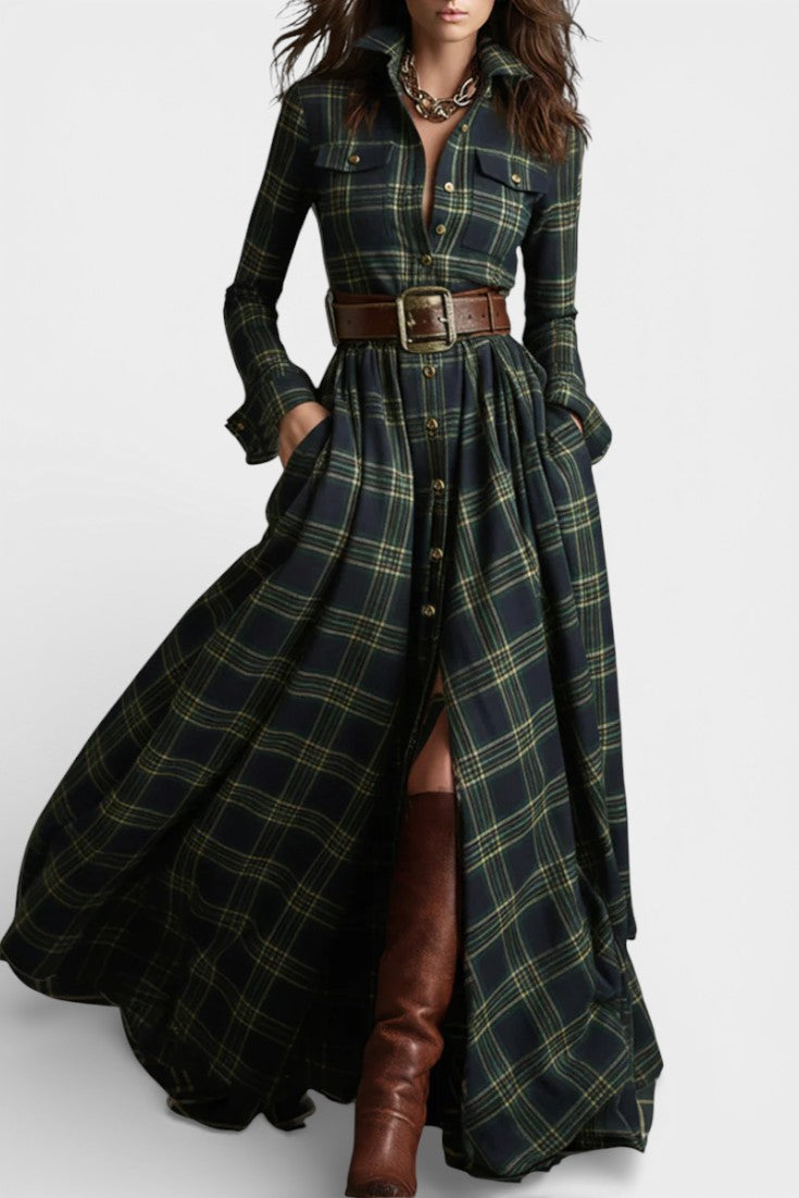 Collared Tartan Long Sleeve Belted Button Through Maxi Dress 4