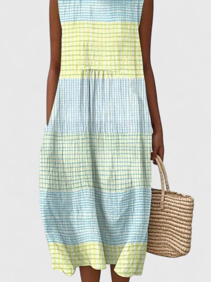 Multi Colored Sleeveless Plaid Check Tiered Pocket A-Line Midi Dress