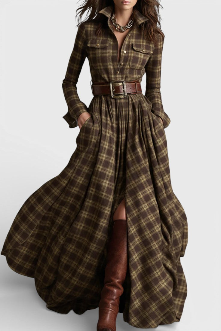 Collared Tartan Long Sleeve Belted Button Through Maxi Dress 7