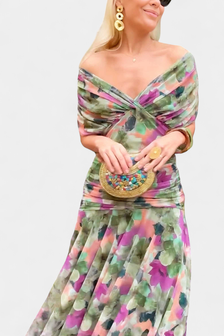 Off-Shoulder Twist Front Floral Chiffon Draped Flowy Maxi Dress 4