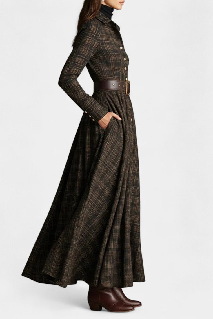 Brown Black Collared Long Sleeve Button Front Belted Plaid Flared Maxi Dress 3