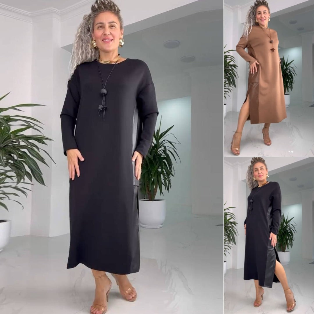 Round Neck Long Sleeve Side Slit Minimalist Shift Midi Dress