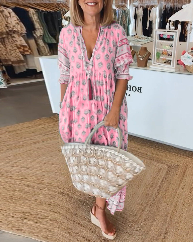 Split Neck Bohemian Floral Print Lantern Sleeve Tiered Maxi Dress