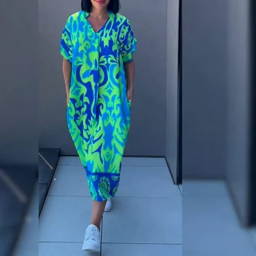 V-Neck Abstract Damask Print Short Sleeve Oversized Kaftan Maxi Dress 4