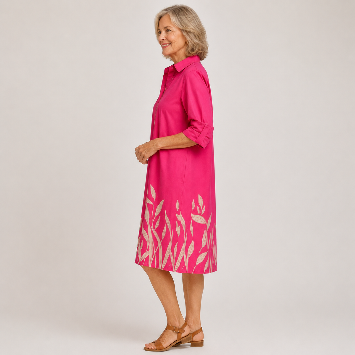 Pink Collared Tulip Border Print Long Sleeve A-Line Shirt Midi Dress