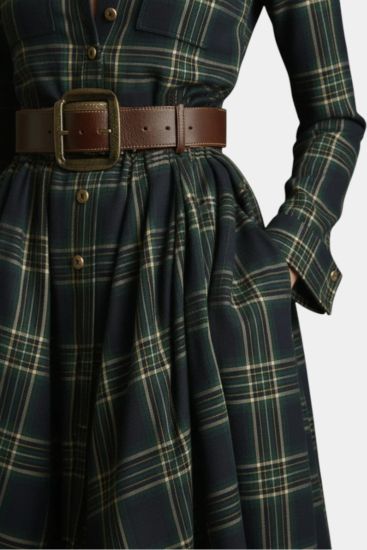 Collared Tartan Long Sleeve Belted Button Through Maxi Dress 6