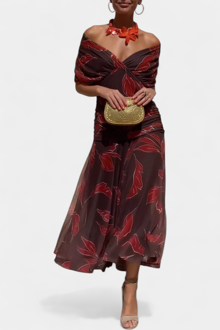 Off-Shoulder Twist Front Ruched Chiffon Flowy Maxi Dress