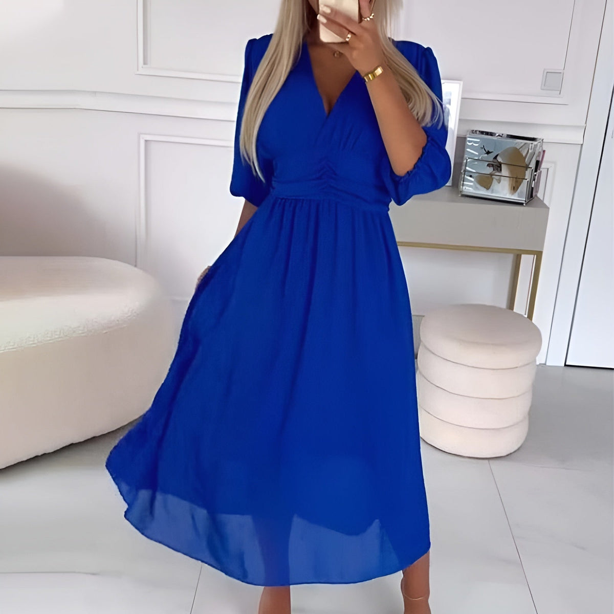 Surplice V-Neck Chiffon Puff Sleeve Ruched Waist Flowy Midi Dress