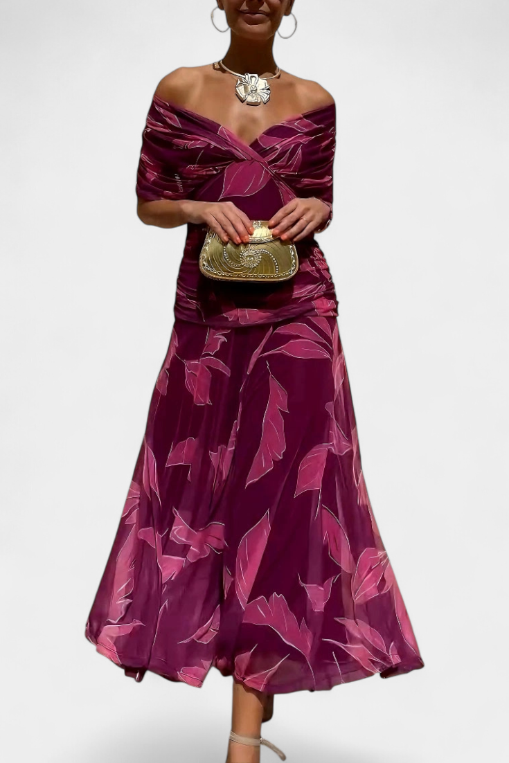 Off-Shoulder Twist Front Ruched Chiffon Flowy Maxi Dress