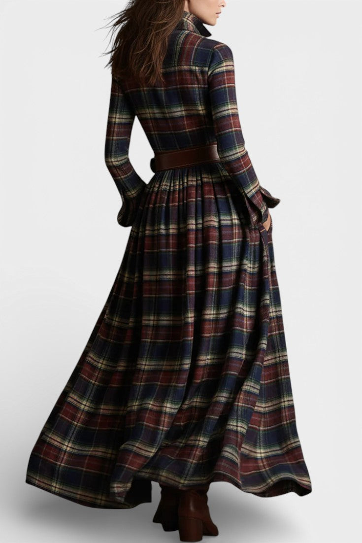 Collared Tartan Long Sleeve Belted Button Through Maxi Dress 3