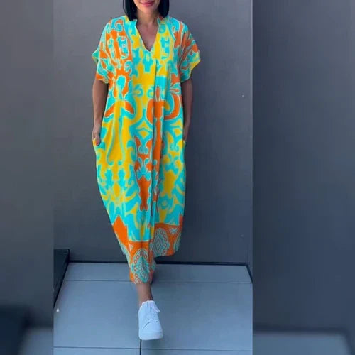V-Neck Abstract Damask Print Short Sleeve Relaxed Maxi Dress
