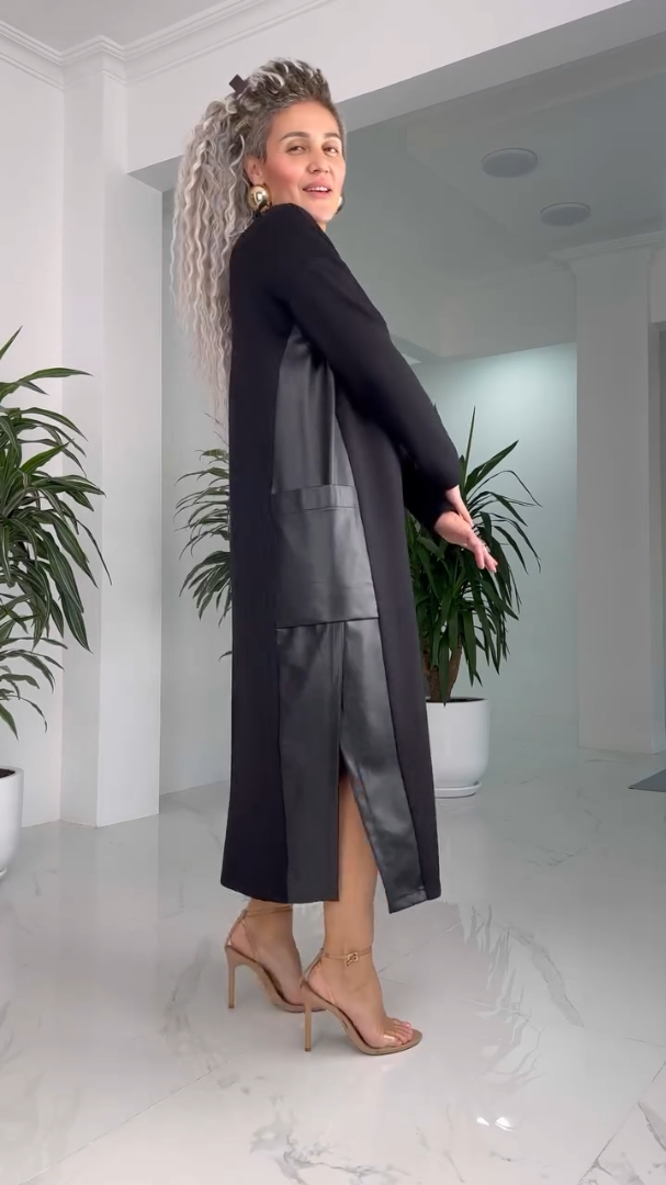 Round Neck Long Sleeve Side Slit Minimalist Shift Midi Dress