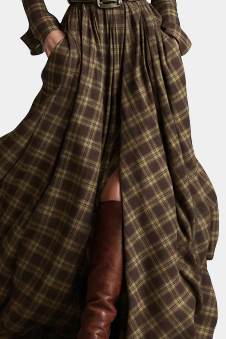 Collared Tartan Long Sleeve Belted Button Through Maxi Dress 9