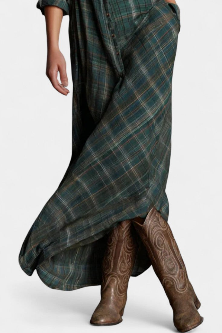 Collared Plaid Chest Pocket Button-Front Long Sleeve Shirt Maxi Dress 4