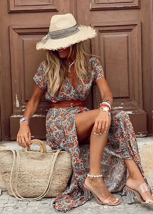 V-Neck Short Sleeve Ditsy Floral High Slit Flowy Maxi Dress