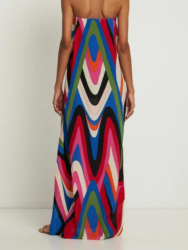 Strapless Side Slit Moir�� Print Maxi Dress