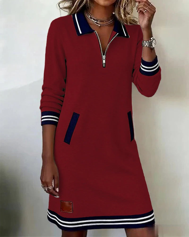 Polo Collar Quarter Zip Stripe Trim Long Sleeve Sweatshirt Mini Dress
