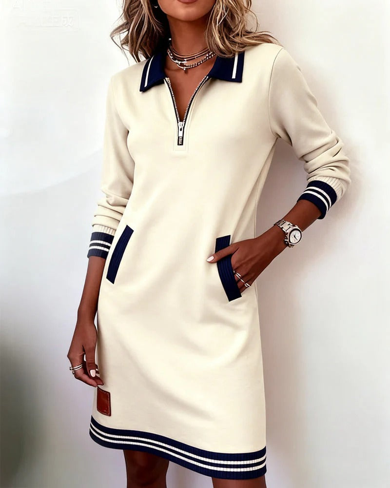 Polo Collar Quarter Zip Stripe Trim Long Sleeve Sweatshirt Mini Dress