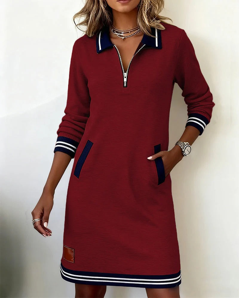 Collared Quarter Zip Long Sleeve Striped Trim Pocket Mini Dress