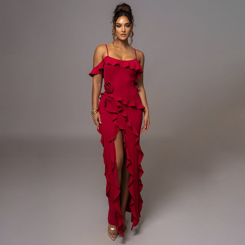 Red Cold Shoulder Ruffle Trim Rosette High Slit Maxi Dress