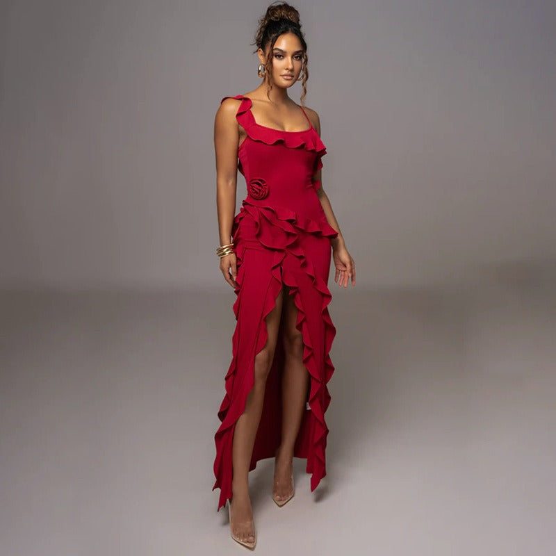 Red Cold Shoulder Ruffle Trim Rosette High Slit Maxi Dress