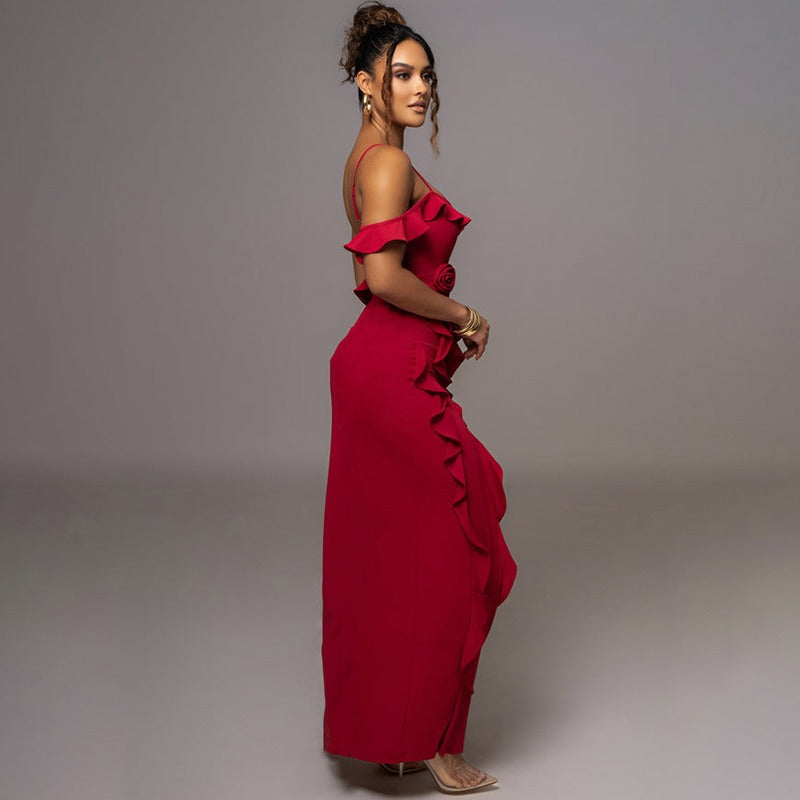 Red Cold Shoulder Ruffle Trim Rosette High Slit Maxi Dress