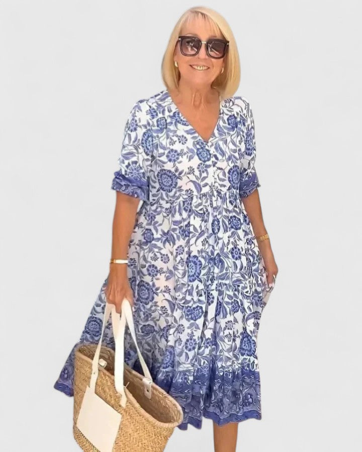 V-Neck Short Sleeve Floral Paisley Print Tiered A-Line Midi Dress