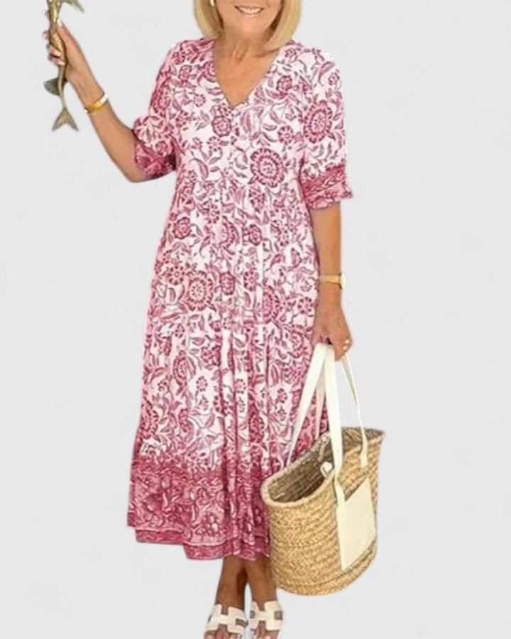 V-Neck Short Sleeve Floral Paisley Print Tiered A-Line Midi Dress 2