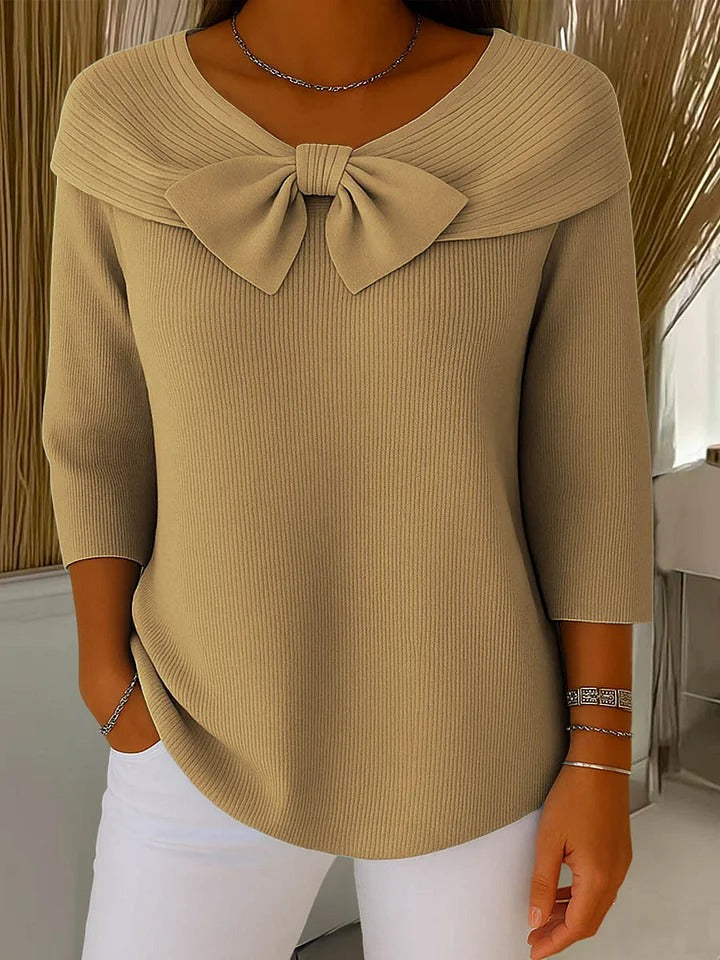 Foldover Collar Bow Front Ribbed Knit Sweater 3