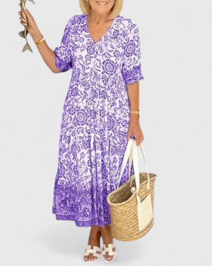 V-Neck Short Sleeve Floral Paisley Print Tiered A-Line Midi Dress 4