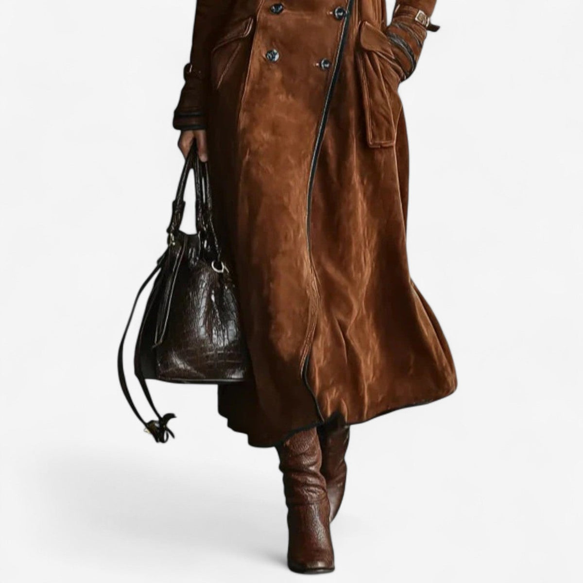 Notch Lapel Double-Breasted Suede Long Trench Coat 5