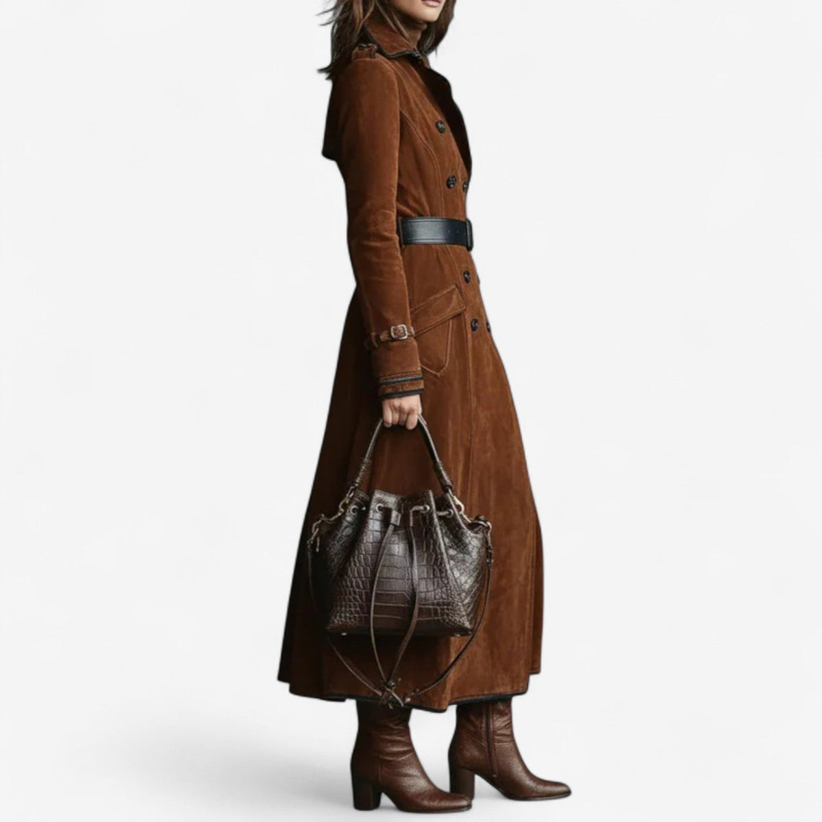 Notch Lapel Double-Breasted Suede Long Trench Coat 4