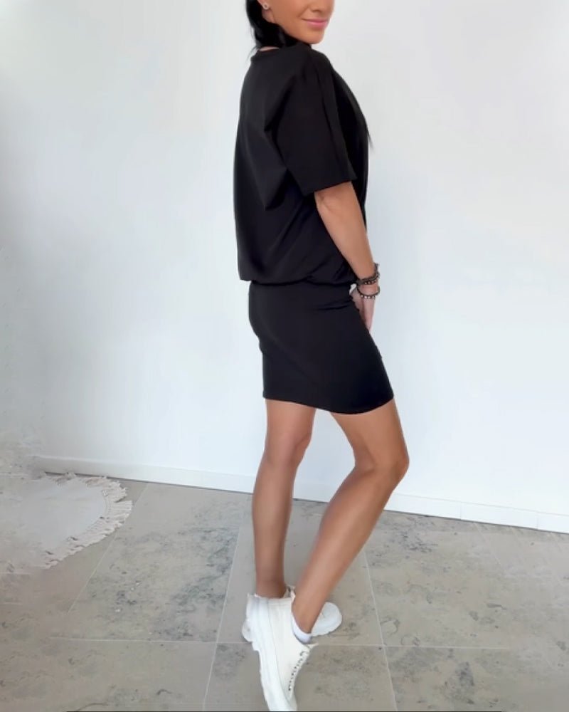 Round Neck Short Sleeve Blouson Bodycon Mini Dress 12