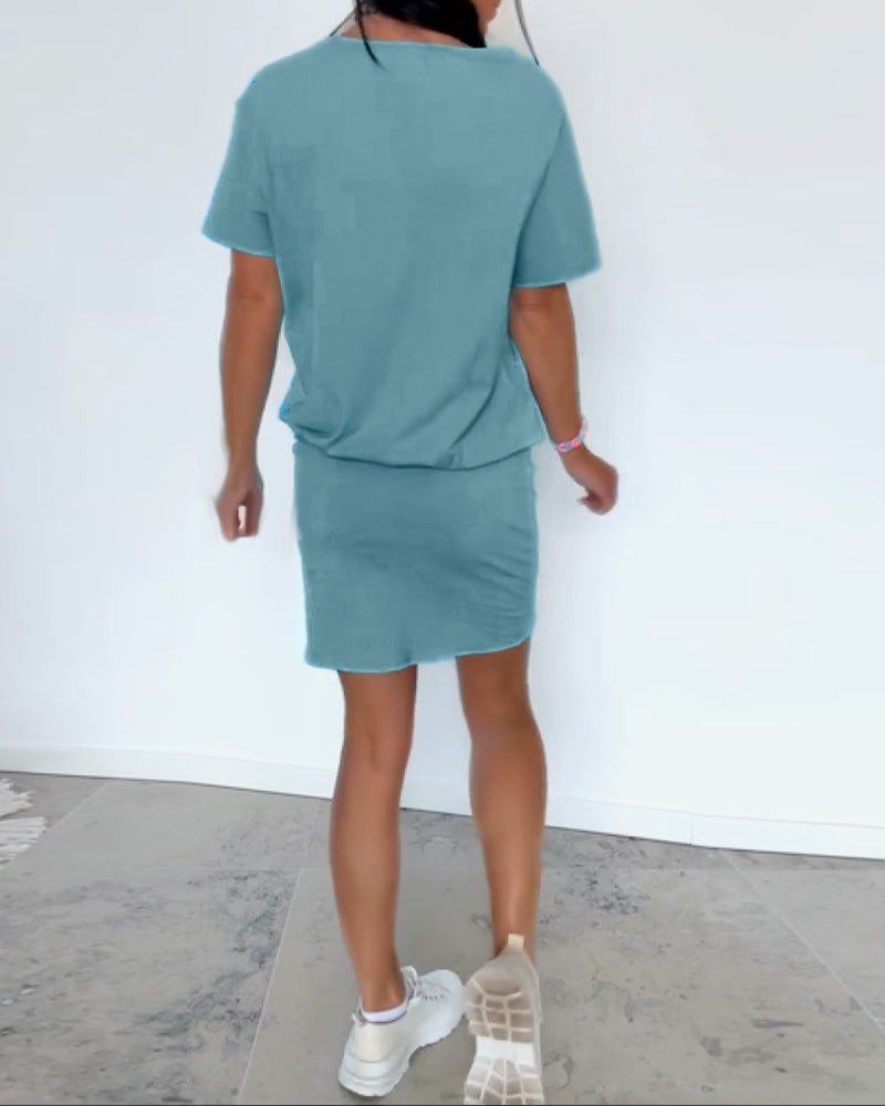 Round Neck Short Sleeve Blouson Bodycon Mini Dress 15