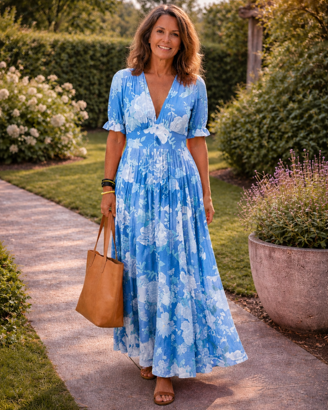 Deep V-Neck Puff Sleeve Floral Print Tiered A-Line Maxi Dress