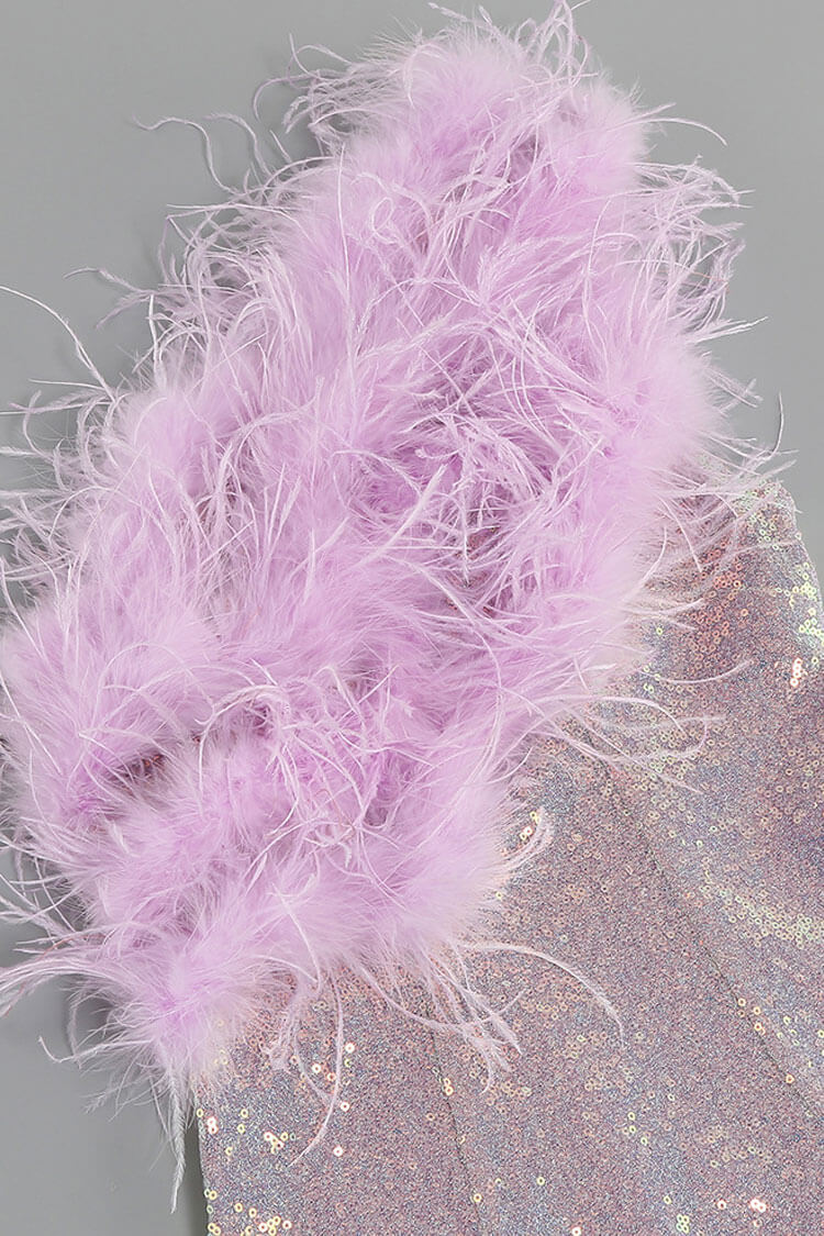 Lilac One Shoulder Feather Trim Sequin Bodycon Mini Dress 4