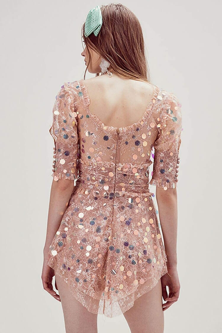 Pink Square Neck Sequin Lace Puff Sleeve Ruched Flared Mini Dress
