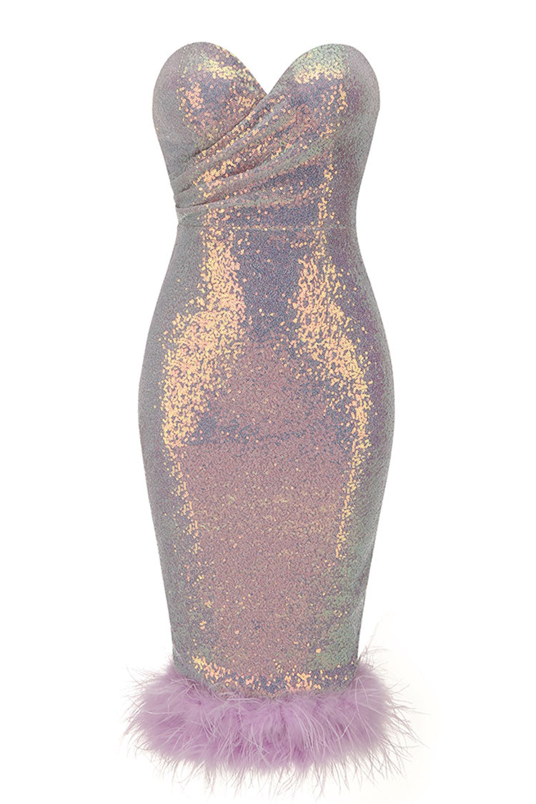 Lilac Sweetheart Strapless Sequin Feather Trim Bodycon Midi Dress