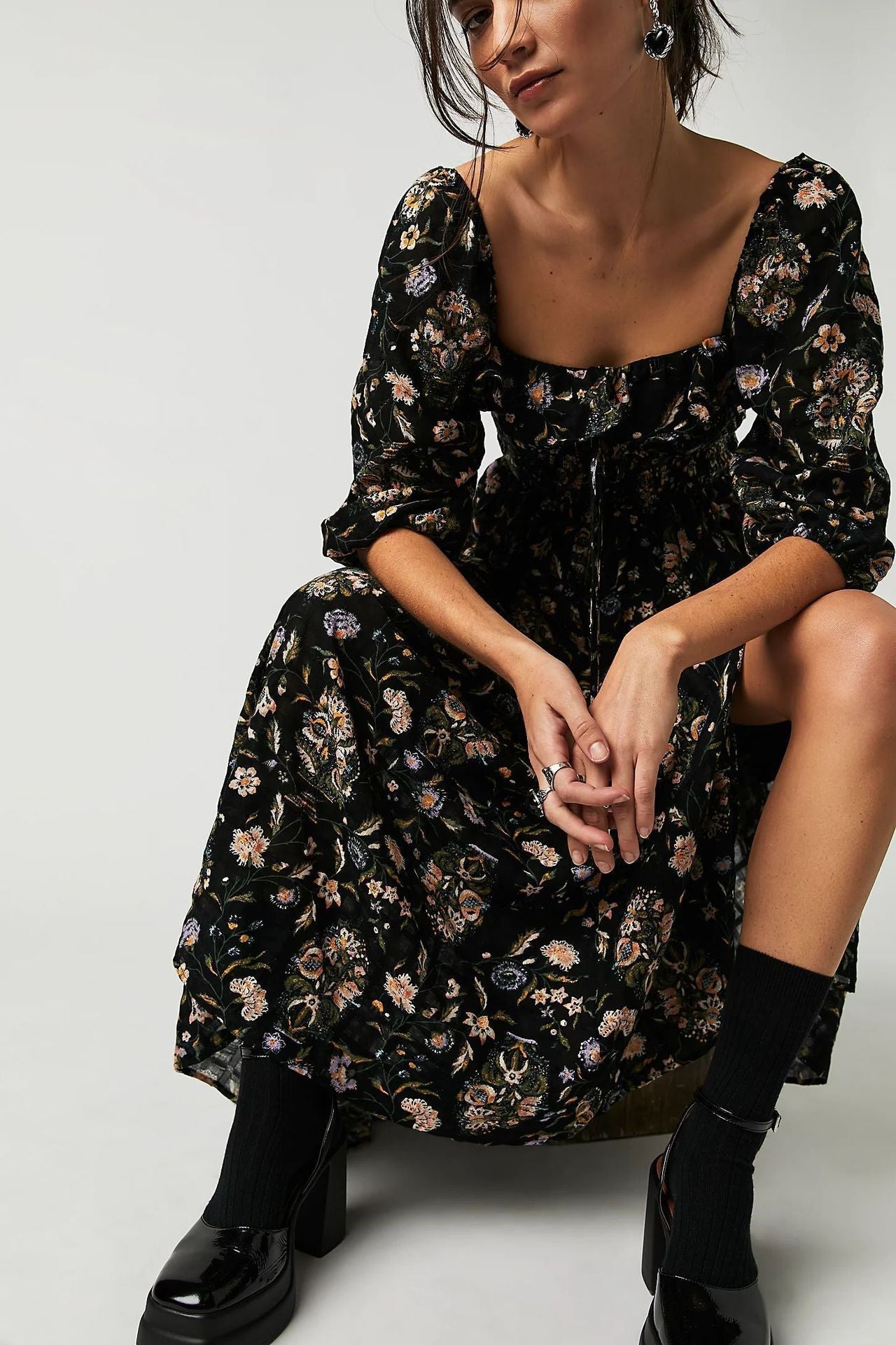 Ariadna Exclusive Printed Midi Dress with Ruched Bodice and Ruffles Statement Occasion Edit