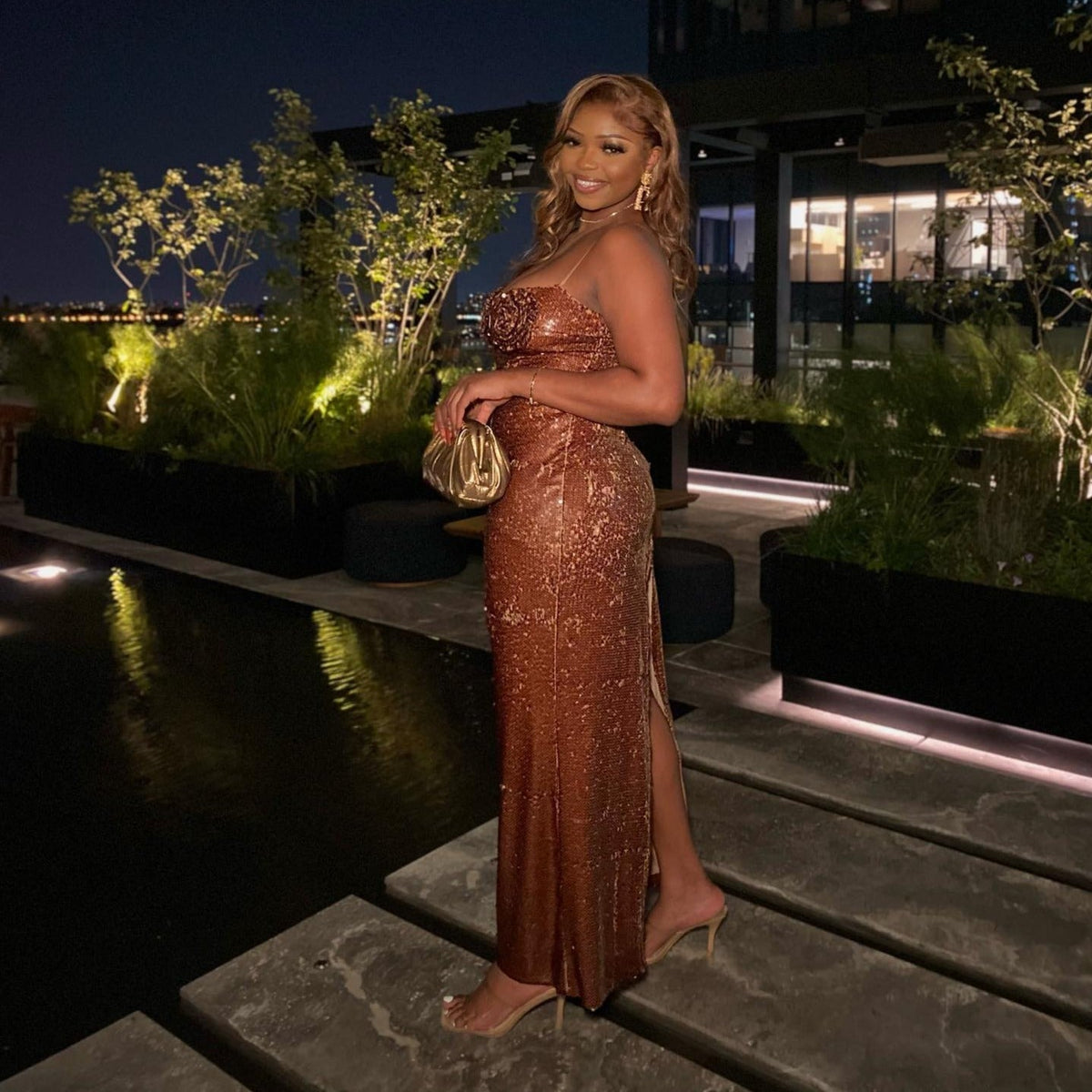 Brown Strapless Sweetheart Sequin Rosette Bodycon Maxi Dress 7