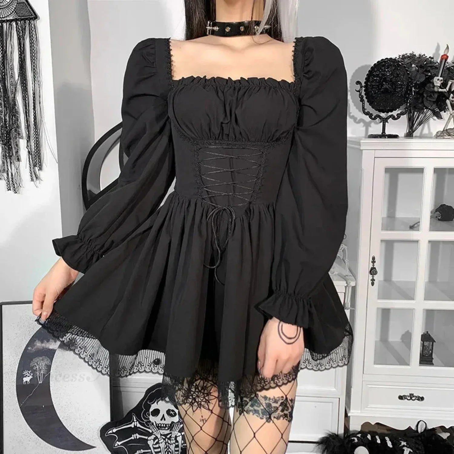 Ivory Lace Puff Small Dress black / S