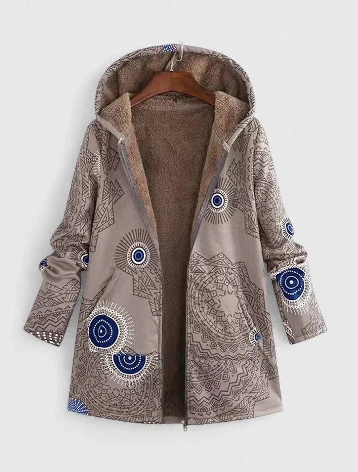 Hooded Floral Print Fleece Lined Zip Up Jacket