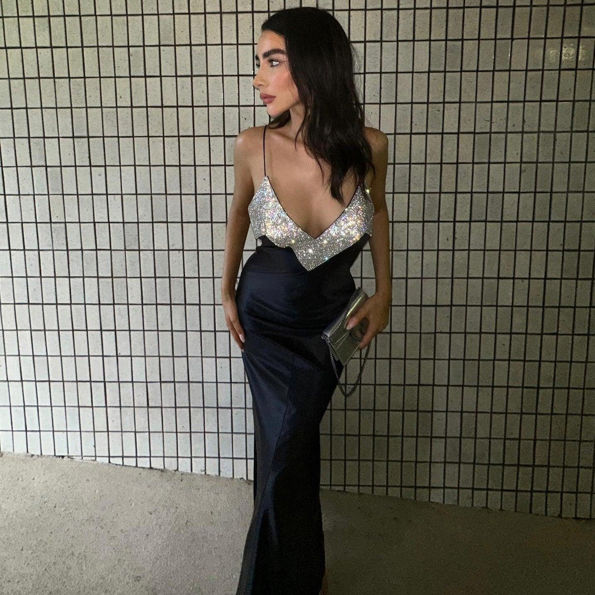 Black Rhinestone Strap Crystal Embellished V-Neck Satin Bodycon Maxi Dress