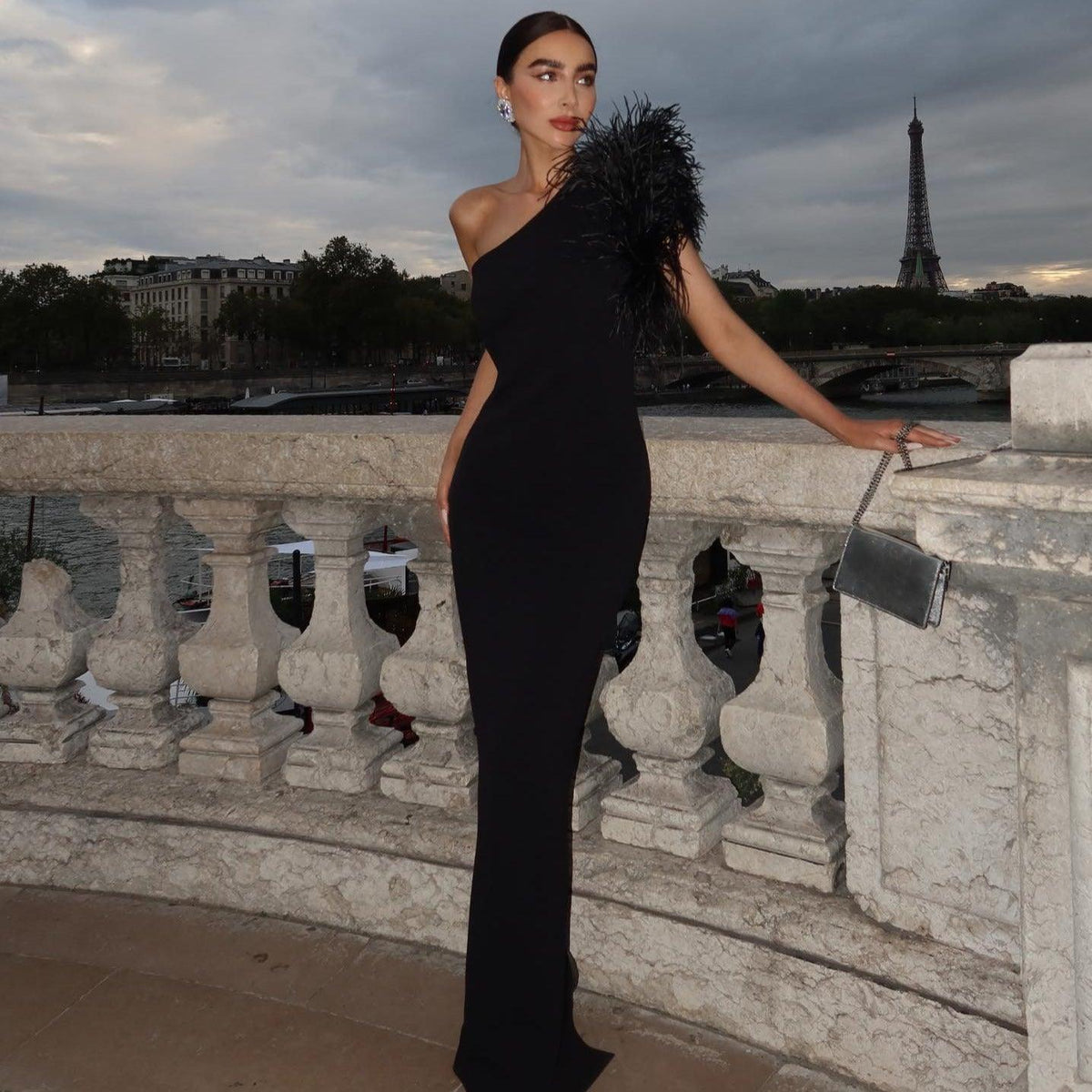 Black One Shoulder Feather Trim Mermaid Maxi Gown 3