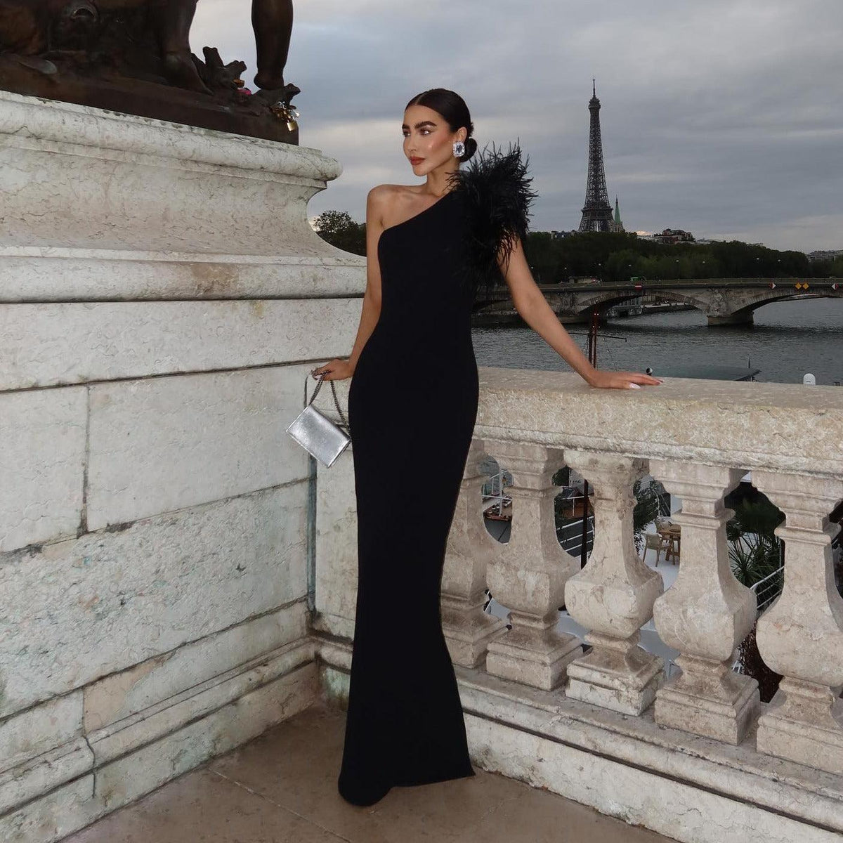 Black One Shoulder Feather Trim Mermaid Maxi Gown 4