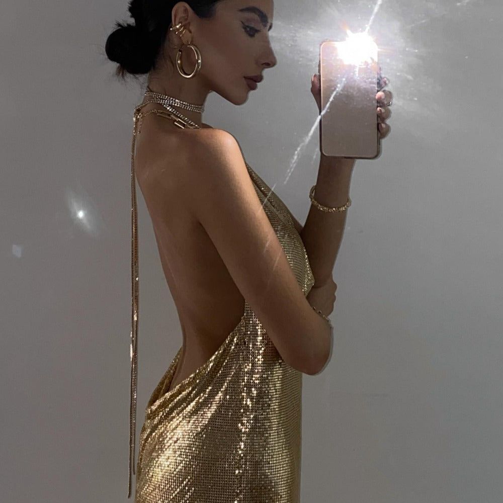 Gold Halter Cowl Neck Metallic Chainmail Backless Bodycon Mini Dress