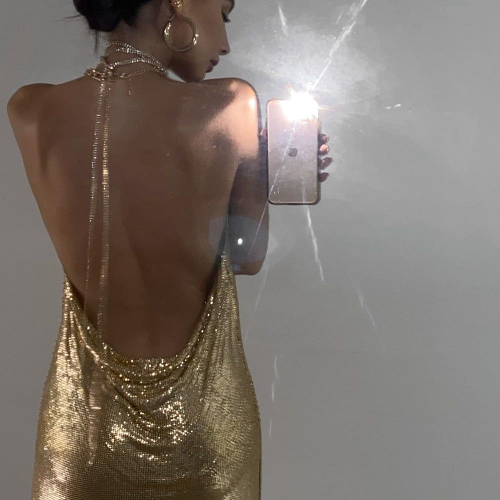 Gold Halter Cowl Neck Metallic Chainmail Backless Bodycon Mini Dress